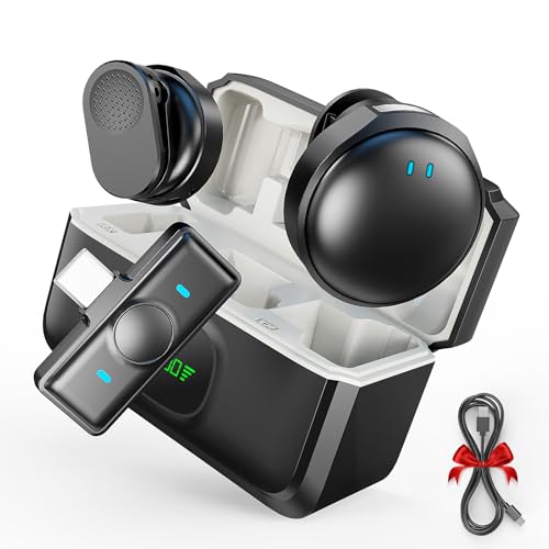 HHD Wireless Lavalier Microphone System with Charging Case, 1 Click Noise Canceling, 2.4GHz ISM for 12Hrs Uncompressed Audio Lapel Mic Compatible with iPhone, Android,PC, Camera