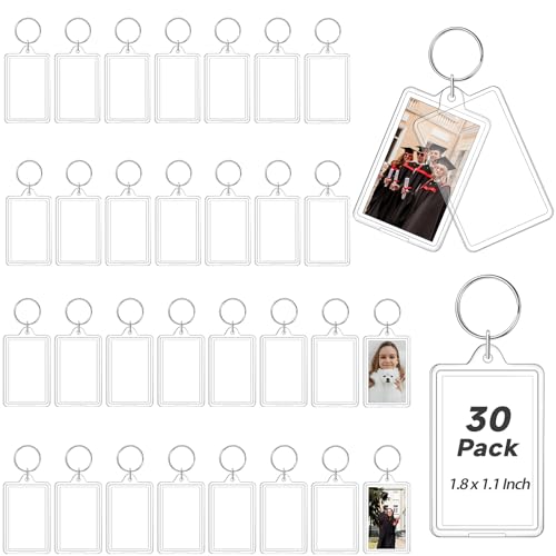 Photo Keychain 30 PCS Acrylic Picture Keychain Holder for Insert 1.8 x 1.1 Inch Photo Personalised Keychains Photo Frame Blank Clear Keychains with Split Ring for DIY Craft Graduation Xmas Gift