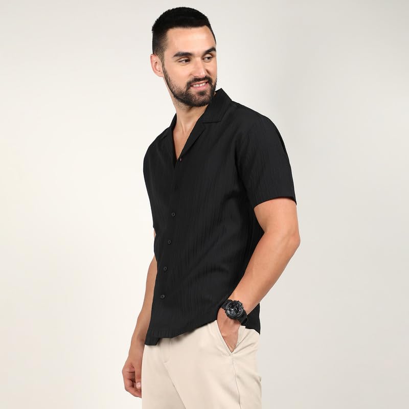 Image of CAHOOT Men's Self-Design Striped Shirt for Casual Wear | Spread Collar | Long Sleeve | Button Closure | Shirt Crafted with Comfort Fit for Everyday Wear
