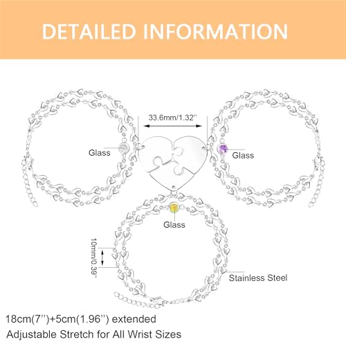 Image of 3PCS Love Heart Chain Bracelet Set for Women Graduation Gift Heart Puzzle Friendship Bracelet Personalized Name 3 Bracelets Customized Best Friends Family Love Jewelry SA4886