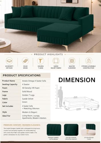 Image of AMATA Falcon 4 Seater L Shape Suede Velvet Fabric Greencolour Sofa Set with Two Cushions Perfect for Home Office Guests Living Room (Falcon Green, Falcon 4 Seater l Shape)(3 Year Warranty)
