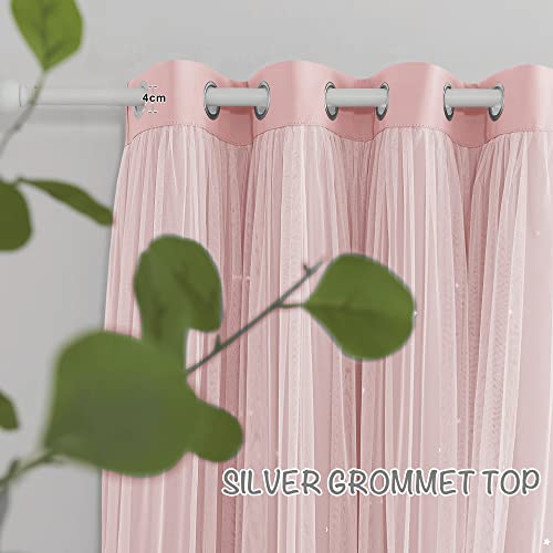 Pony Dance Star Curtains For Girls Bedroom - Double Layer Sheer Overlay With Bowknot Lace For Kids Room Decor Princess Star Hollow Out, 52" W X 84" L, Rose Blush, 2 Pieces #TOP3