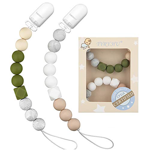 Pacifier Clip TYRY.HU Teething Silicone Beads Soothie Binky Holder Teether Clips for Boys Girls, Baby Registry Shower Gifts, 2 Pack (Green, Beige)