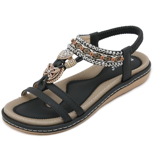 ZDQ Sandalen Damen Sommer Elegant Flach Bequem Sandaletten Frauen Outdoor Freizeit Bohemian Strand Schuhe mit Weich Fussbett Schwarz 38 EU = Herstellergröße 39