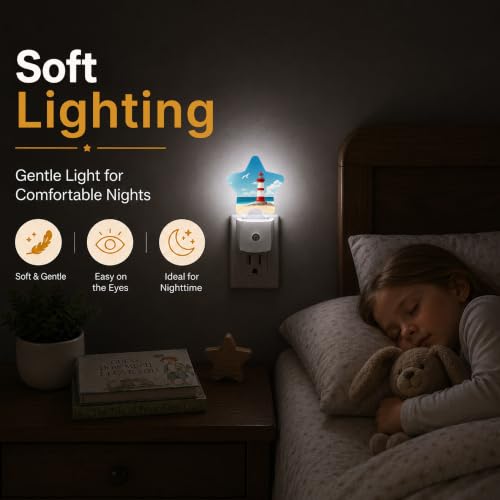 Image of Sea Lighthouse Star Night Light Plug in, Decorative Night Light for Kids Room Nursery Bedroom, Soft Glow Sensor Lamp for Hallway Bathroom, Compact Energy Saving