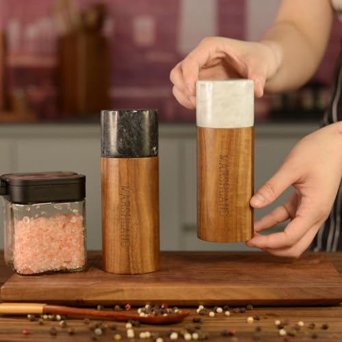 Marshland UK Salt and Pepper Grinder Set - Spice Grinder Made from Acacia Wood and Marble, Set of 2 Salt Grinder and Pepper Mill - Wood Color - Image 7