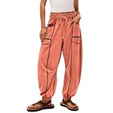Shusuen Womens Barrel Pants Drawstring Wide Leg Sweatpants Baggy Summer Lounge Pants Casual Beach Trousers（4-Watermelon Red,XX-Large）