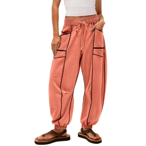 Shusuen Womens Barrel Pants Drawstring Wide Leg Sweatpants Baggy Summer Lounge Pants Casual Beach Trousers（4-Watermelon Red,XX-Large）