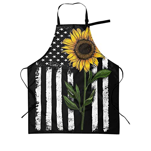 Sunflower American Flag Patriotic Funny Bbq Adjustable Apron For Women Men Birthday Gifts Grilling Cooking Master Chef Bib 2 Pockets #TOP8