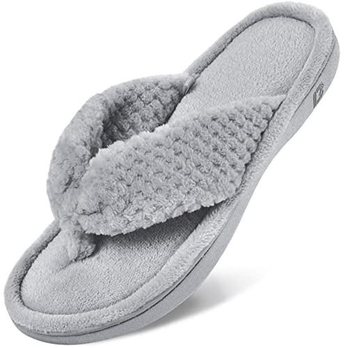 DL Womens Flip Flop Memory Foam Slippers with Cozy Terry Lining Soft Thong Slippers Slip on House Shoes with Indoor Outdoor Arch Support Rubber Sole Gray 7-8