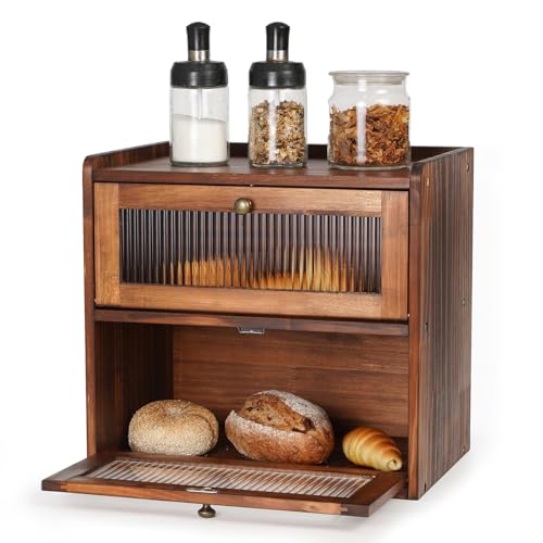 GUUSII HOME Chlebnik Duży pojemnik na chleb z drewna sosnowego Eco Chlebnik z drewna kuchennego Duży pojemnik na chleb 2-poziomowe pojemniki na chleb 36x24x34cm przechowywanie chleba (Brązowy, L)