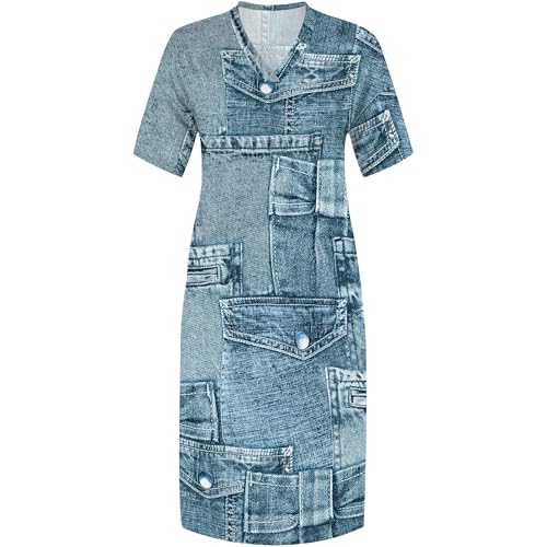 Image of SUZONANA Plus Size Denim Print Shirt Maxi Dresses for Curvy Women Casual Blue Jean Summer Outfits Long Short Sleeve Dress with Pockets Patchwork 6XL
