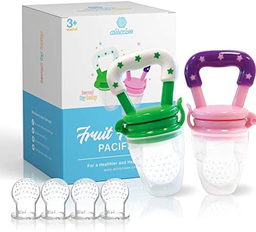 Ashtonbee 2-in-1 Baby Fruit Feeder and Teething Toy, Ultra-Soft Silicone Teether Feeder for Baby Feeding and Teething Relief, Includes 1 Pink and 1 Green Teething Pacifiers for Babies