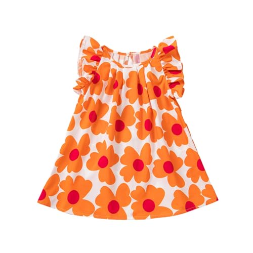 HEOXIN Vestidos para Niña, Vestido Sin Mangas con Cuello Redondo y Volantes con Estampado Floral, Vestido Verano Otoño Niña y Estampado Floral para Niñas PequeñAs, Naranja, 2 3 Años