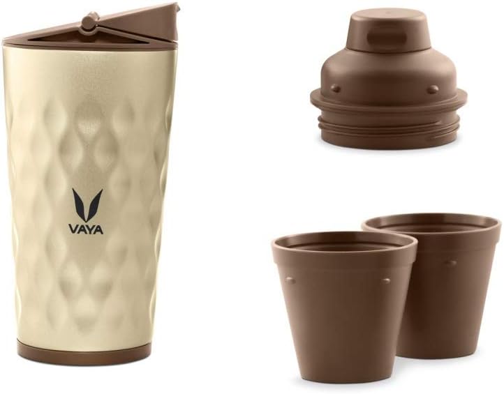 VAYA DRYNK Stainless Steel Water Bottle for Kids, 350ml Vacuum Insulated Water Bottle with Sipper, Gulper Lid, and 2 Tumblers, Hot and Cold Water Bottle for Girls, Leakproof Travel Bottle,Gold
