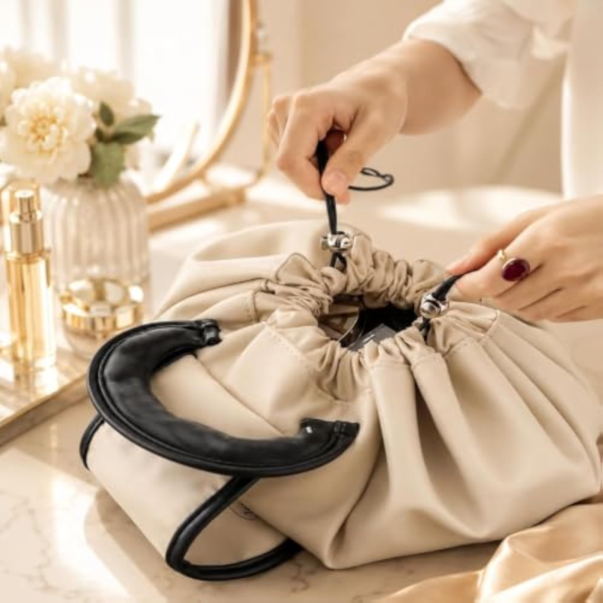 Women's Leather Drawstring Makeup Bag, Waterproof Organizer