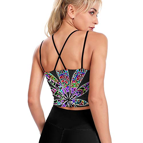 Women's Sport Tank Top Multi Color Trippy Leaf Weed Sports Bra Yoga Longline Crop Top -M #TOP2