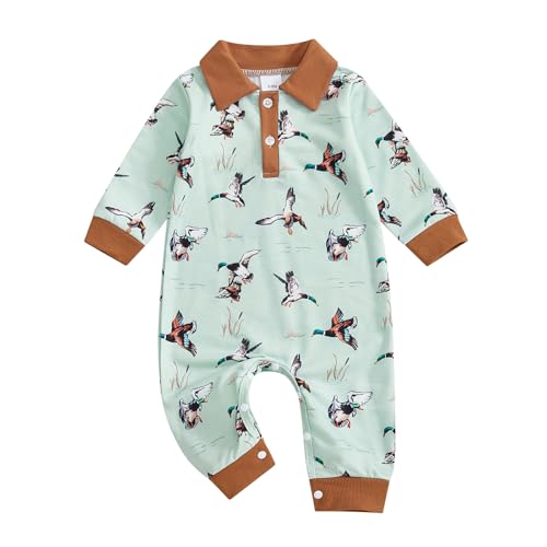 Image of Biayxms Newborn Baby Boy Girl Mallard Duck Outfits Romper Short Sleeve Duck One Piece Jumpsuit Overalls Hunting Baby Clothes