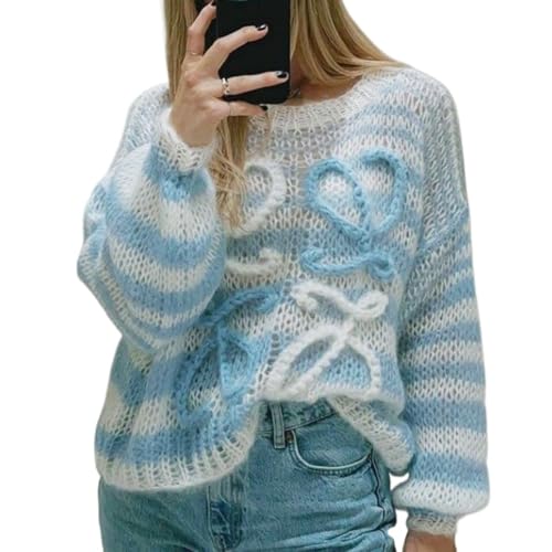 Women Oversized Sweater Y2K Cottagecore Crochet Pullover Striped Knitted Sweater Coquette Cute Striped Sweater Top