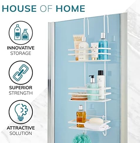 Stylish Rust-Proof Premium 3-Tier Hanging Shower Caddy - Large Hanging Metal Storage Racking - 79 H x 25 W x 12 D - 2 Year Rust-proof Guarantee (White)