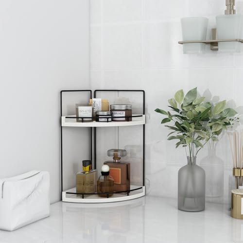 Image of Dorhors 2-Tier Rustic White Corner Bathroom Shelf