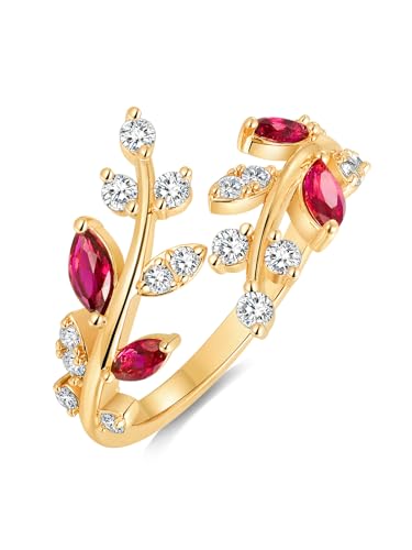 Wyyxl Jewelry Gold Marquise Ring 14K Gold Plated Sterling Silver CZ Inlaid Ruby Cocktail Rings 1 Carat Open Leaf Ring for Women Size 10