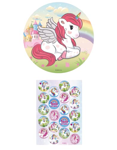 2er Set Einhorn Essbarer Tortenaufleger + Mini-Törtchenaufleger, Tortenbild Kindergeburtstag (Einhorn Nr. 2)