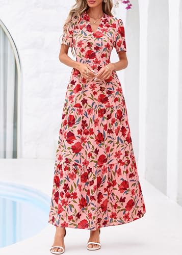 Image of KIRUNDO Womens Floral Boho Flowy Maxi Dress | Short Sleeve, V Neck, Empire Waist, A Line, 2026 Summer Beach Vacation Long Dresses With Pockets, Cocktail Party Outfits
