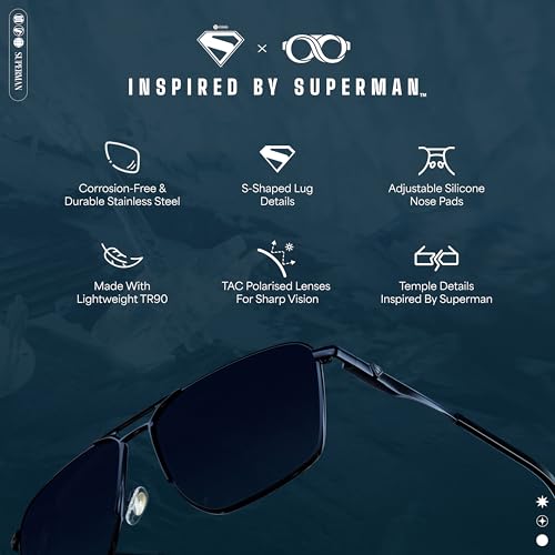 Image of Lenskart Superman Collection | Polarized and 100% UV Protected | Navy Blue Full Rim Hexagonal Branded and Stylish Sunglasses | For Men & Women | Large | LK S18257