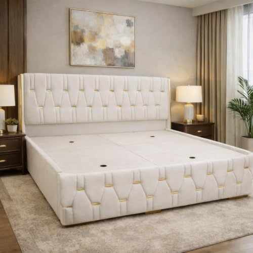 Image of Royal Aura Upholstered King Size Bed with Box Storage for Bedroom | Elegant Wooden Double Bed with Storage | Platform Cot Palang with Tufted Headboard | 6.5 x 6 Ft | Sheesham Wood | White