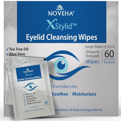 NOVEHA 60Pcs Stye Relief Eyelid & Lash Wipes with Tea Tree Oil, Hyaluronic Acid, Aloe Vera, Chamomile & Green Tea