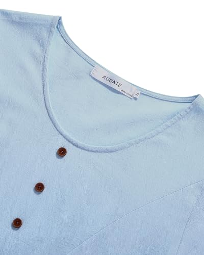 Image of Women's 65% Cotton, 35% Linen Crew Neck Midi Dress, Short Sleeve Dress with Pockets for Summer Daily Wear