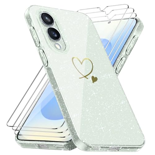 Funda Compatible con Samsung Galaxy S25 Edge 5G, con 3 Piezas Vidrio Templado Protector de Pantalla, Anti-caída y Antihuellas Carcasa, Suave y Purpurina Caso - Transparente