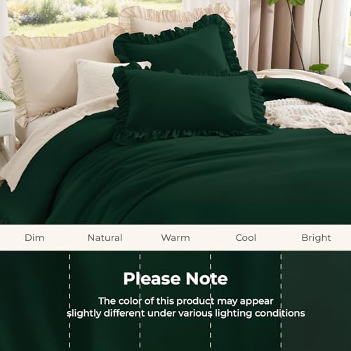 Image of Litanika Dark Emerald Green Full Comforter Set, 3 Pieces Boho Vintage Solid Forest Ruffle Bedding Set, All Season Lightweight Bed Set (79x90In Comforter & 2 Pillowcases)