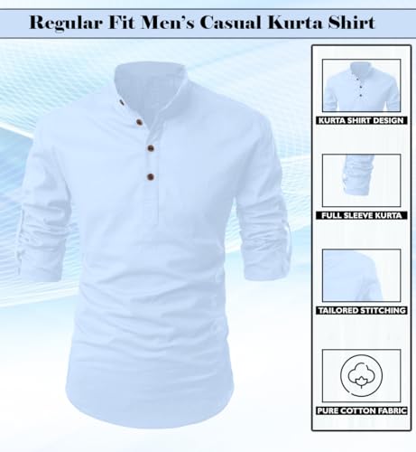 Image of FINIVO FASHION Men's Cotton Blend Solid Full Sleeve Short Kurta Shirt, Regular Fit Solid Pattern Mandarin Collar Straight Kurta Shirt