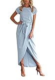 YMING Women’s Casual Maxi Dress Summer Short Sleeve Dress Solid Color Cocktail Party Dress Light Blue S