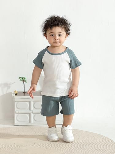 Eghunooy Toddler Baby Boy Clothes Summer Short Sleeve Letter Print Patchwork T-Shirt Shorts Outfit Set2