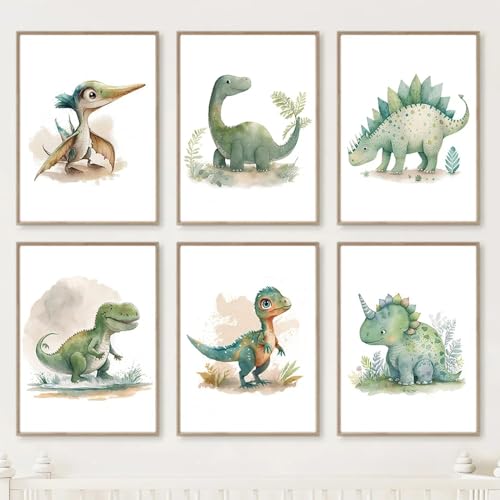Youihom 6 Affiche Dinosaure Bébé Tableau Chambre Garcon Vert Poster Enfant Garçon Affiche Toile 21 x 30 sans Cadre