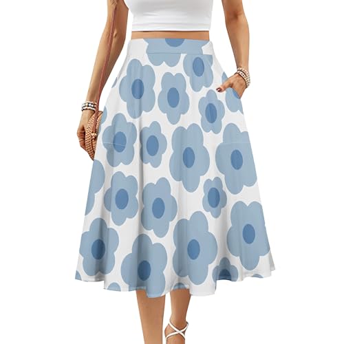 Skirts for Women Basic Versatile Flared Casual Midi Skirt Summer Swing A-Line Elastic High Waist Dress with Pockets Fashion