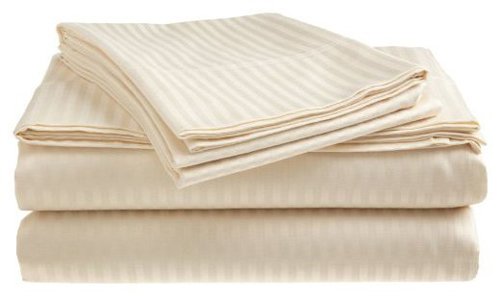 CrystalTowels Microfiber Bed Sheets Set - 4-Piece Soft Sheet Set, Stripe Pattern w/Sateen Finish, Queen Size Sheets Deep Pocket Set - Beige