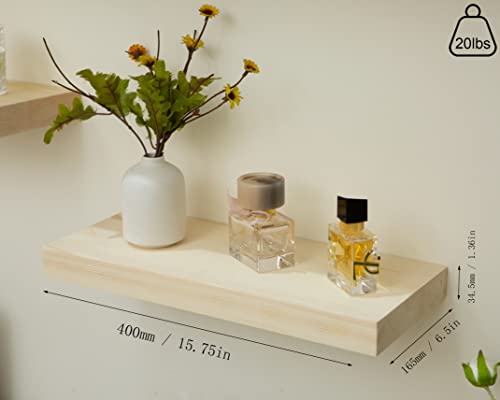 Qsqueen Floating Shelves Set Of 2, Solid Pine Wood Floating Shelf Wall Storage Shelves, 15.75 Inch Hanging Shelf With Invisible Brackets, For Bathroom, Bedroom, Kitchen, Office, Living Room Decor #TOP3