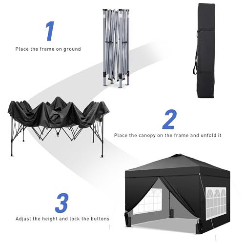 GDY 10x10 Pop Up Canopy Tent with 4 Sidewalls, Easy Set up, Outdoor Silver Coated Beach Gazebos, Carpas with 4 Sandbags, for Events, Parties,Camping. Black. - Image 3