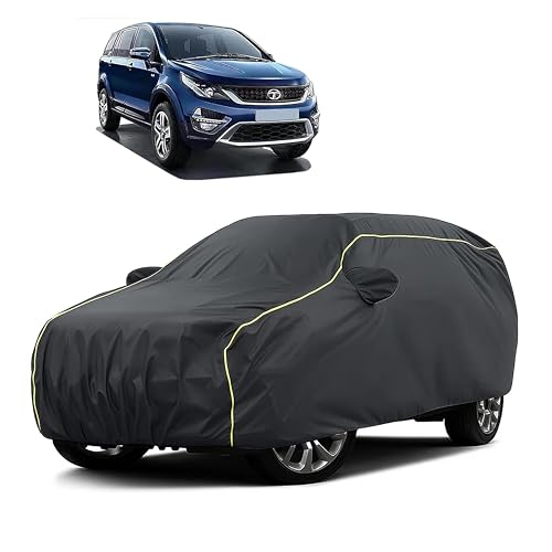 Image of Sulfar 100% Water Resistant Car Body Cover Compatible with Mirror for Tata Hexa (Triple Stitched, Full Bottom Elastic, Dark Grey Taffeta with Yellow Piping)
