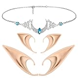 FRESHME Elf Ears with Moon Head Chain, Handmade Blue Stone Crescent Headpiece and Fairy Ears Set Vintage Goddess Headdress for Women Girls Cosplay Halloween Costume Props Accessories