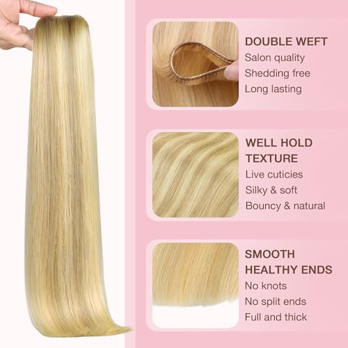 Image of GOO GOO Sew in Hair Extensions Real Human Hair, Weft Hair Extensions Human Hair, 18D /22F Dirty Blonde Highlights 20inch 100g, Weft Bundles Straight Silky Remy Hair