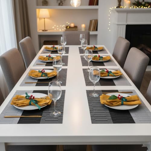 Image of YELONA Placemats for Dining Table - Heat Resistant & Washable PVC Vinyl Table Mats, Non-Slip, Stain Resistant Woven Kitchen Mats, Set of 8, 45cm x 30cm (Black & Light Grey)