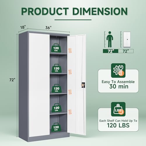 Image of Letaya Metal Garage Storage Cabinets with Lock Door and Adjustable Shelves, Steel Tool Cabinets for Home,Office,Warehouse Organisieren (Gery White, 72 inch H)