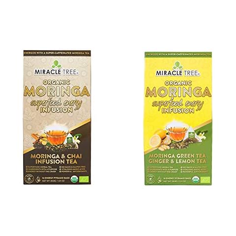 Miracle Tree - Organic Moringa Energy Tea, super-caffeinated - perfect for coffee alternative, 2 Pack Bundle, 2x16 Plastic-Free Pyramid Tea Bags (Chai, Green Tea, Ginger/Lemon) Cover