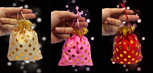 Satvik 12Pcs Indian Designer Large Reusable Holiday Christmas Gift Wrapping Bags Potli Organza Pouch, Favour Bags, Dry Fruit Diwali Gift Packaging Bag, Handmade Premium Fabric With Polka Dots Design #TOP1