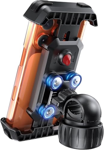Image of Carlizem Bike Phone Holder Mount for Motorcycle, Scooty & Cycle Handlebar | 360 Rotation Mobile Holder with Shock Absorption, Secure Switch Lock & Cushion Pads | Compatible with All Smartphones